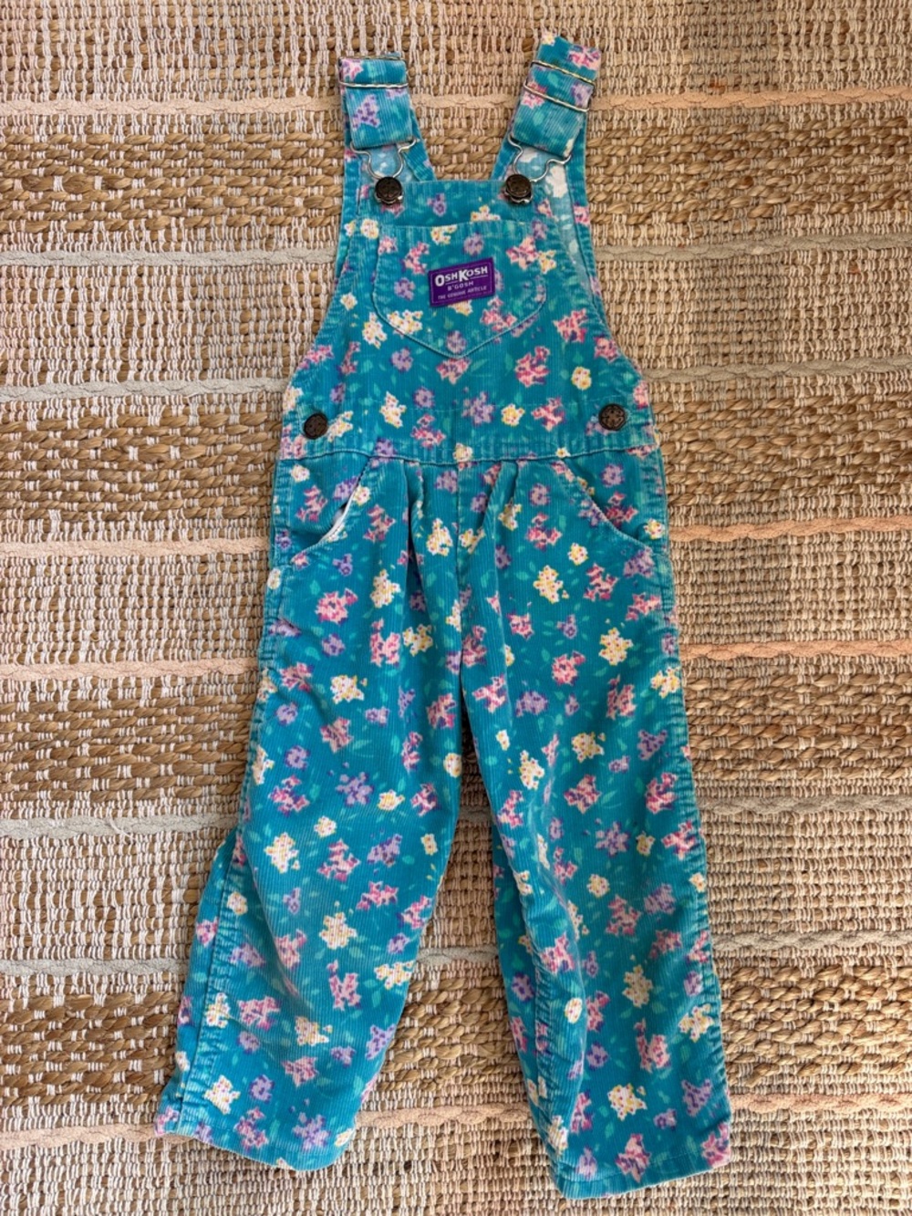Vintage OshKosh B'gosh Teal Floral Corduroy Overalls